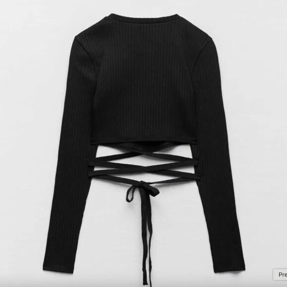ZARA Ribbed Criss-cross Waist Tie Crop Top,  Black S NWT - Picture 2 of 7